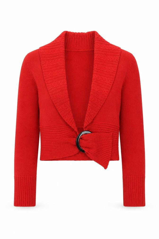 Front view of Kaleidoscope Women Red Belted Cardigan UK 14 Wool Blend Knitwear