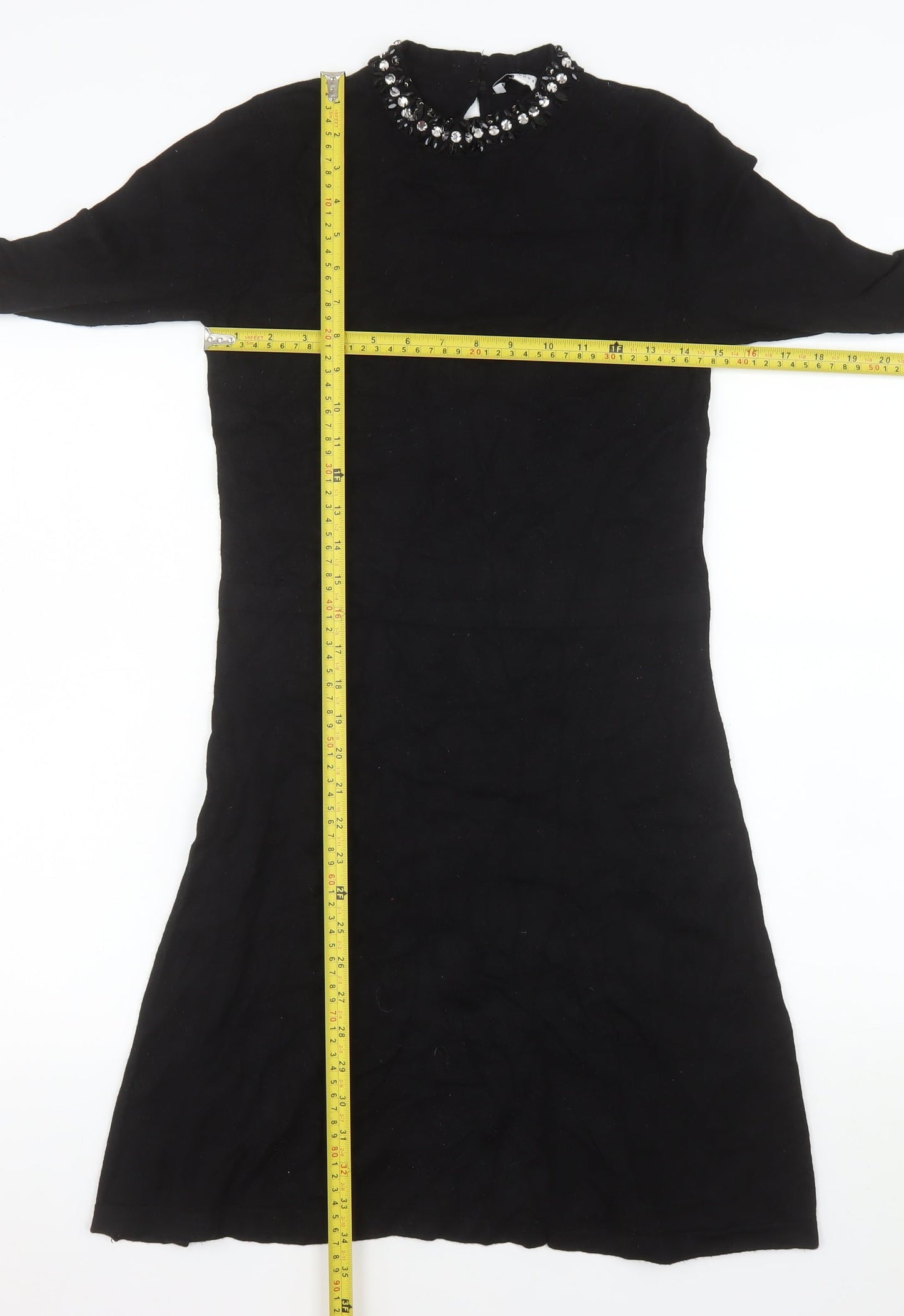 Warehouse Women Black Beaded High Neck Shift Dress Size 10