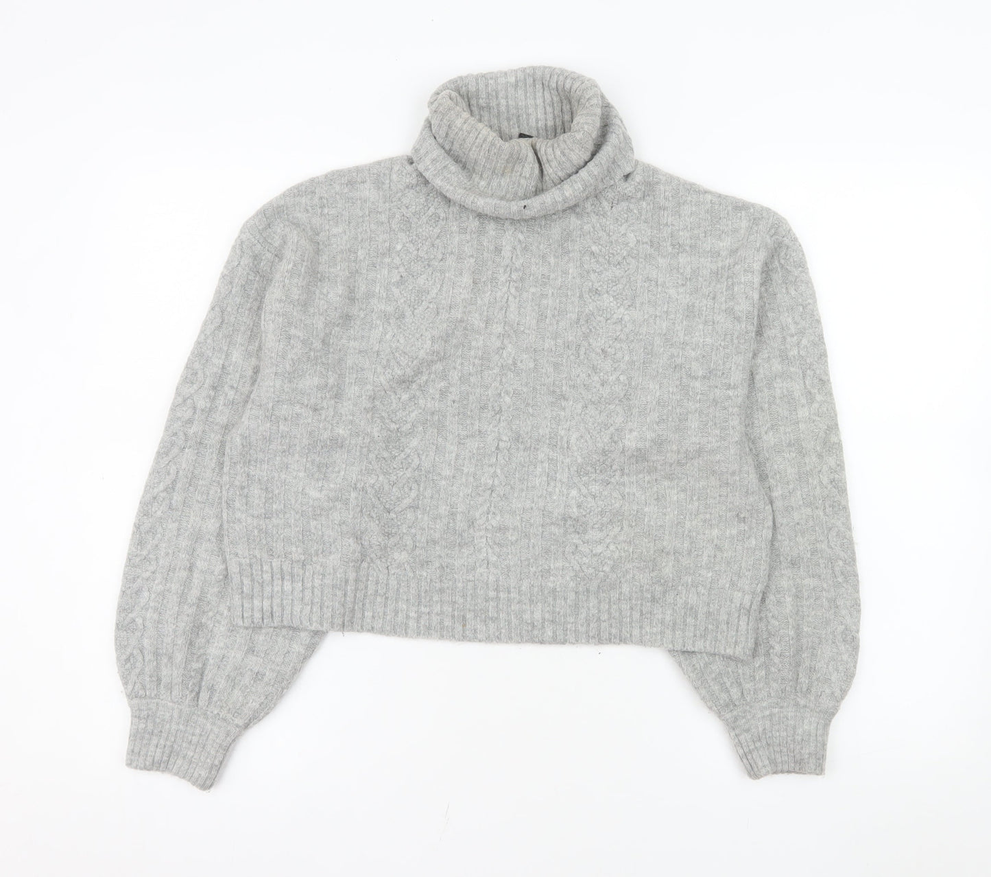 H&M Women’s Grey Roll Neck Cable-Knit Jumper Size S