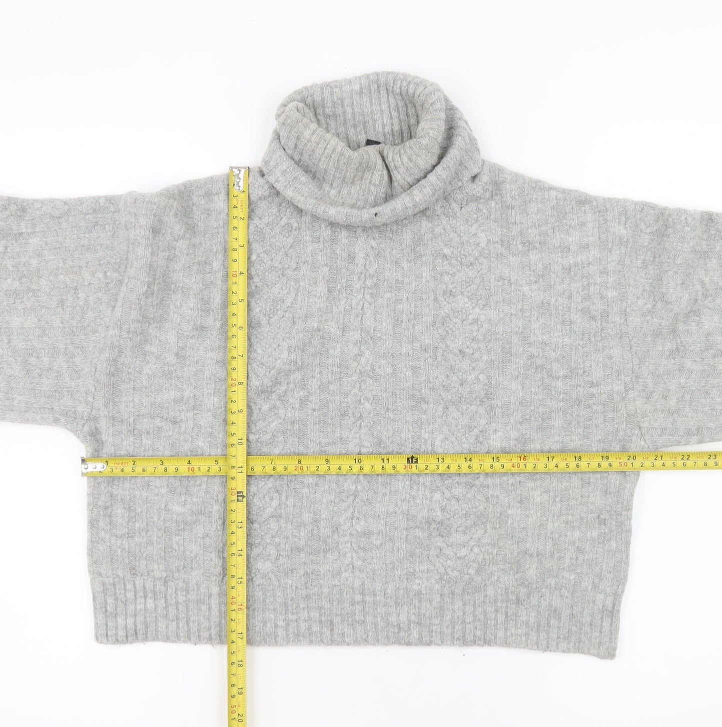 H&M Women’s Grey Roll Neck Cable-Knit Jumper Size S