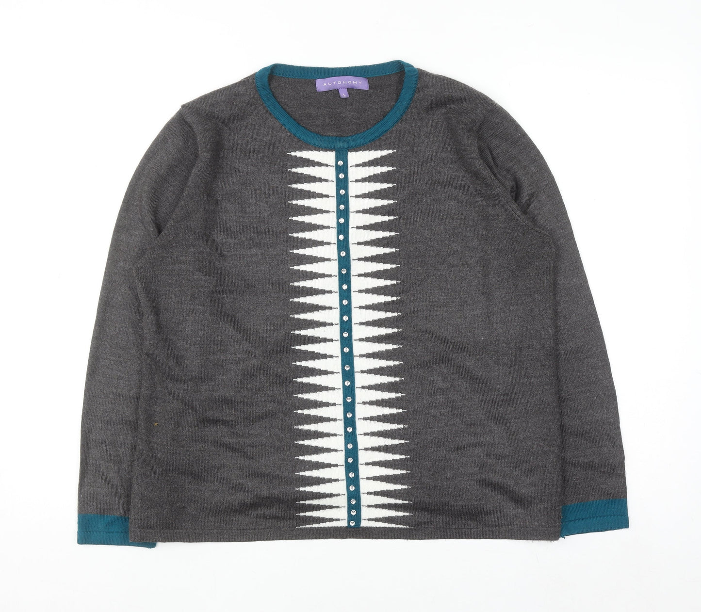 Autonomy Women's Grey Geometric Crew Neck Pullover Jumper Size L