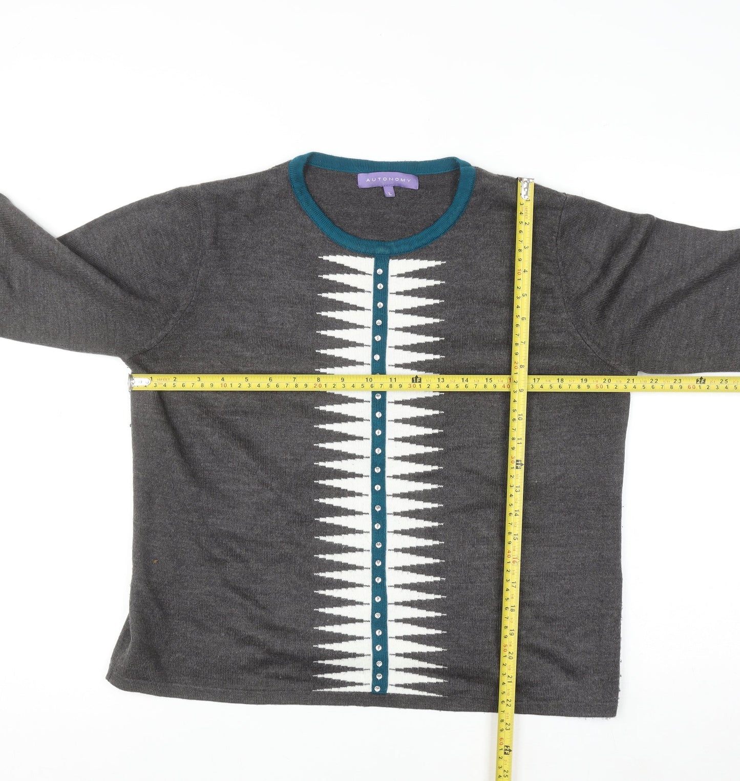 Autonomy Women's Grey Geometric Crew Neck Pullover Jumper Size L