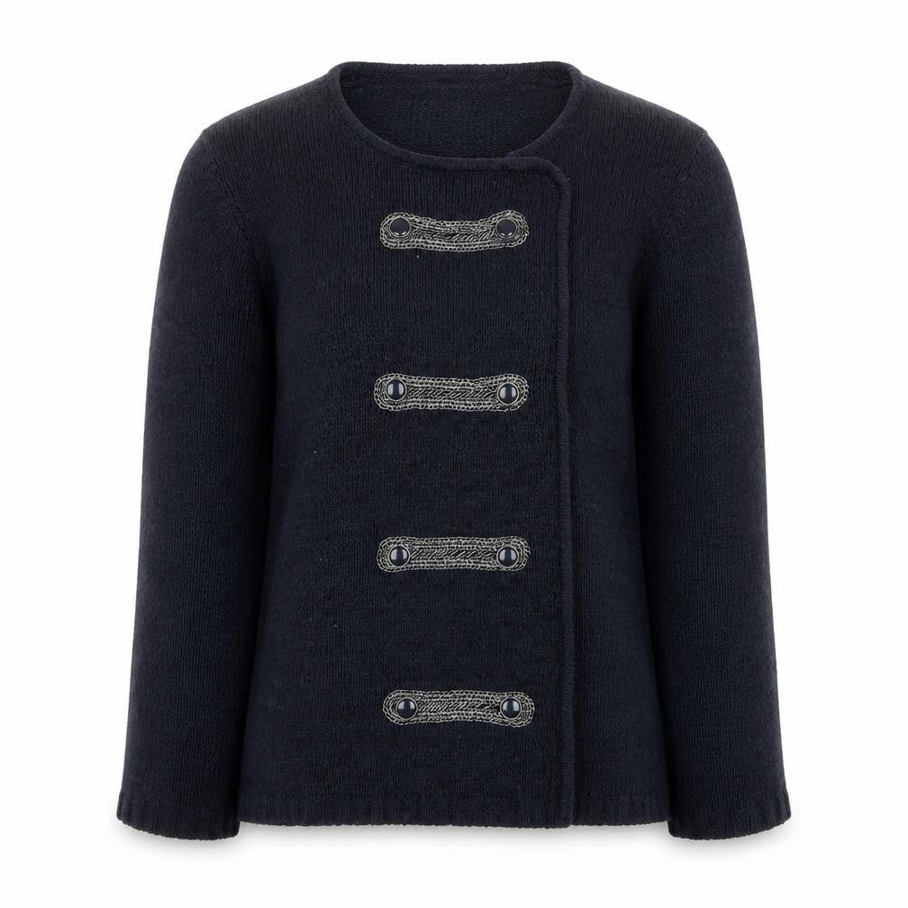 Front view of Roman Originals Women's Blue Knit Cardigan, size S, Long Sleeve