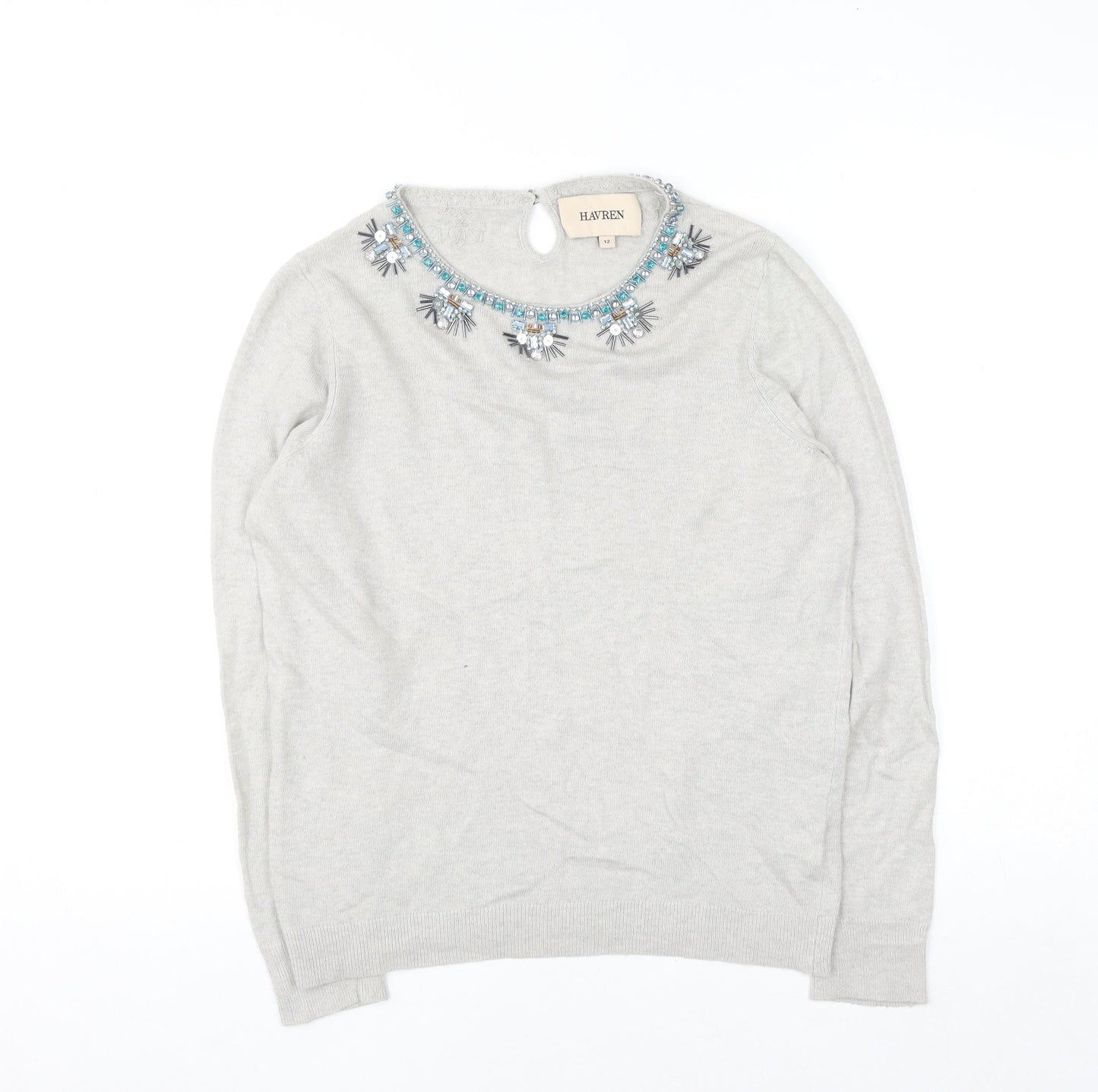 Havren Women's Grey Beaded Crew Neck Jumper Size 12