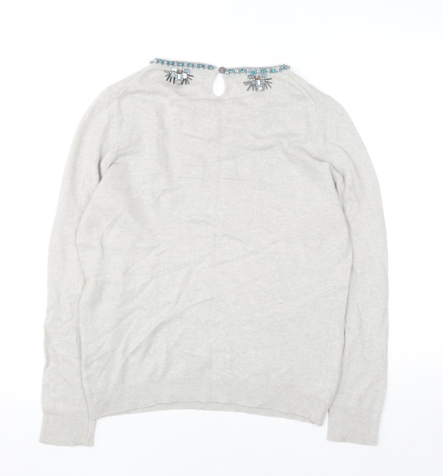 Havren Women's Grey Beaded Crew Neck Jumper Size 12