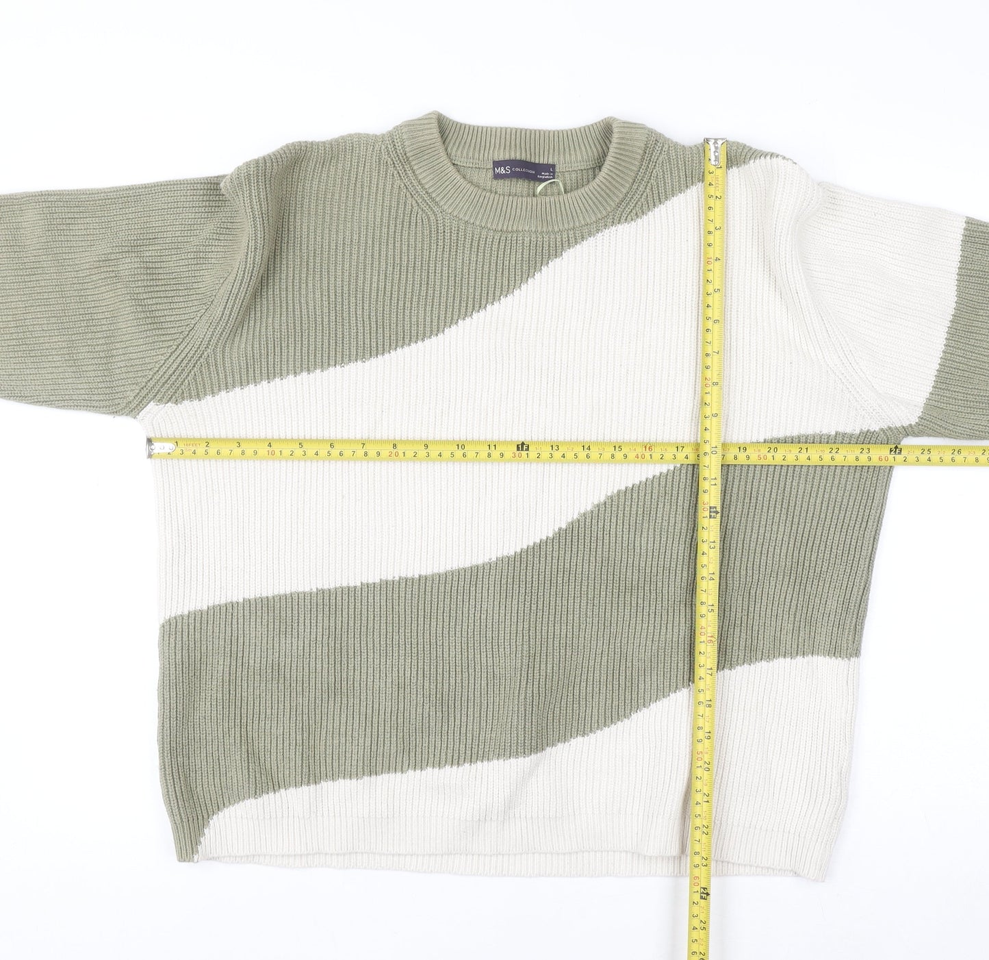 Marks and Spencer Men's Green & Cream Stripe Knit Jumper L