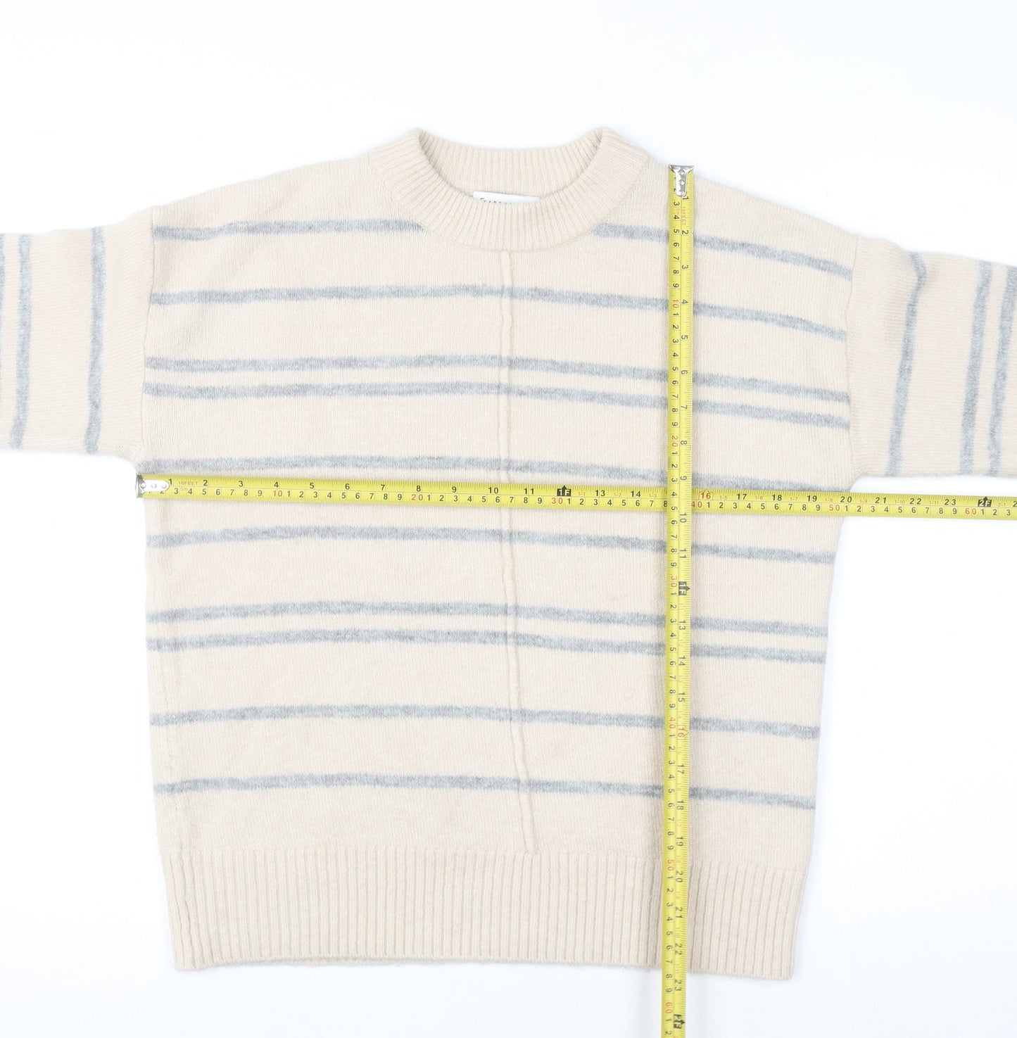 Warehouse Women’s Beige Striped Knit Jumper Size 6 Crew Neck Pullover