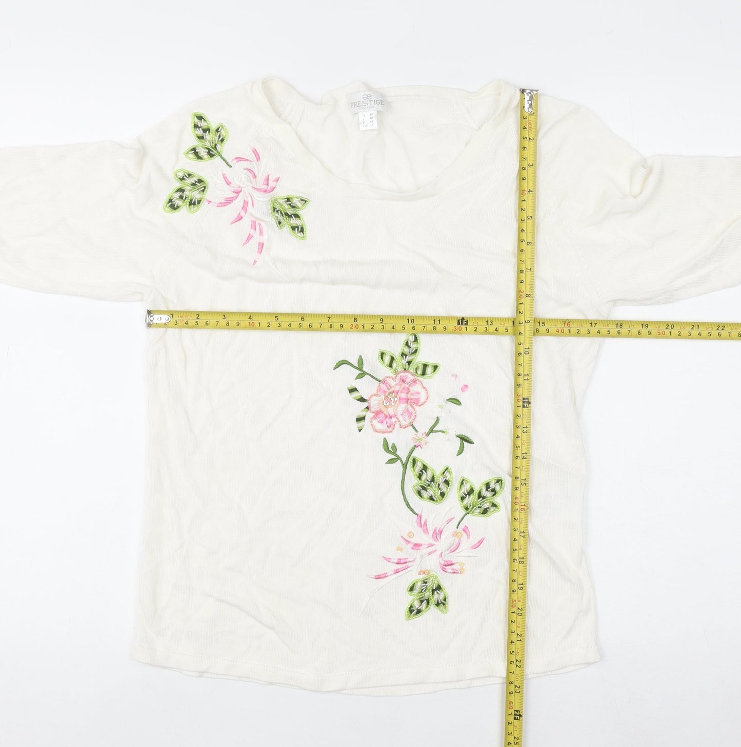 Prestige Elegance Women's Ivory Floral Embroidered 3/4 Sleeve Blouse Size 18