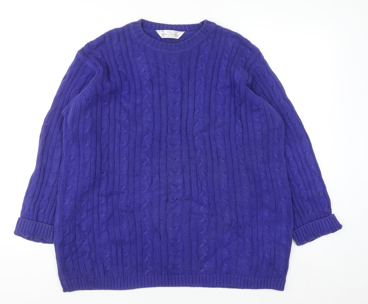 Marks & Spencer Womens Blue Cotton Cable Knit Jumper Size 16
