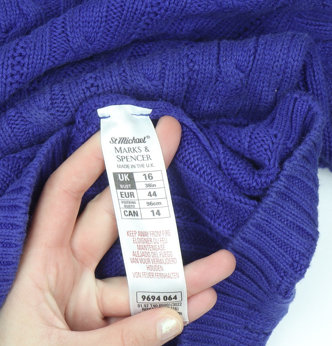 Marks & Spencer Womens Blue Cotton Cable Knit Jumper Size 16