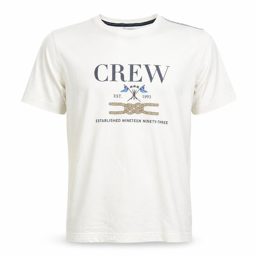 Front view of Crew Clothing Men's Beige Nautical Graphic Cotton T-Shirt, size M