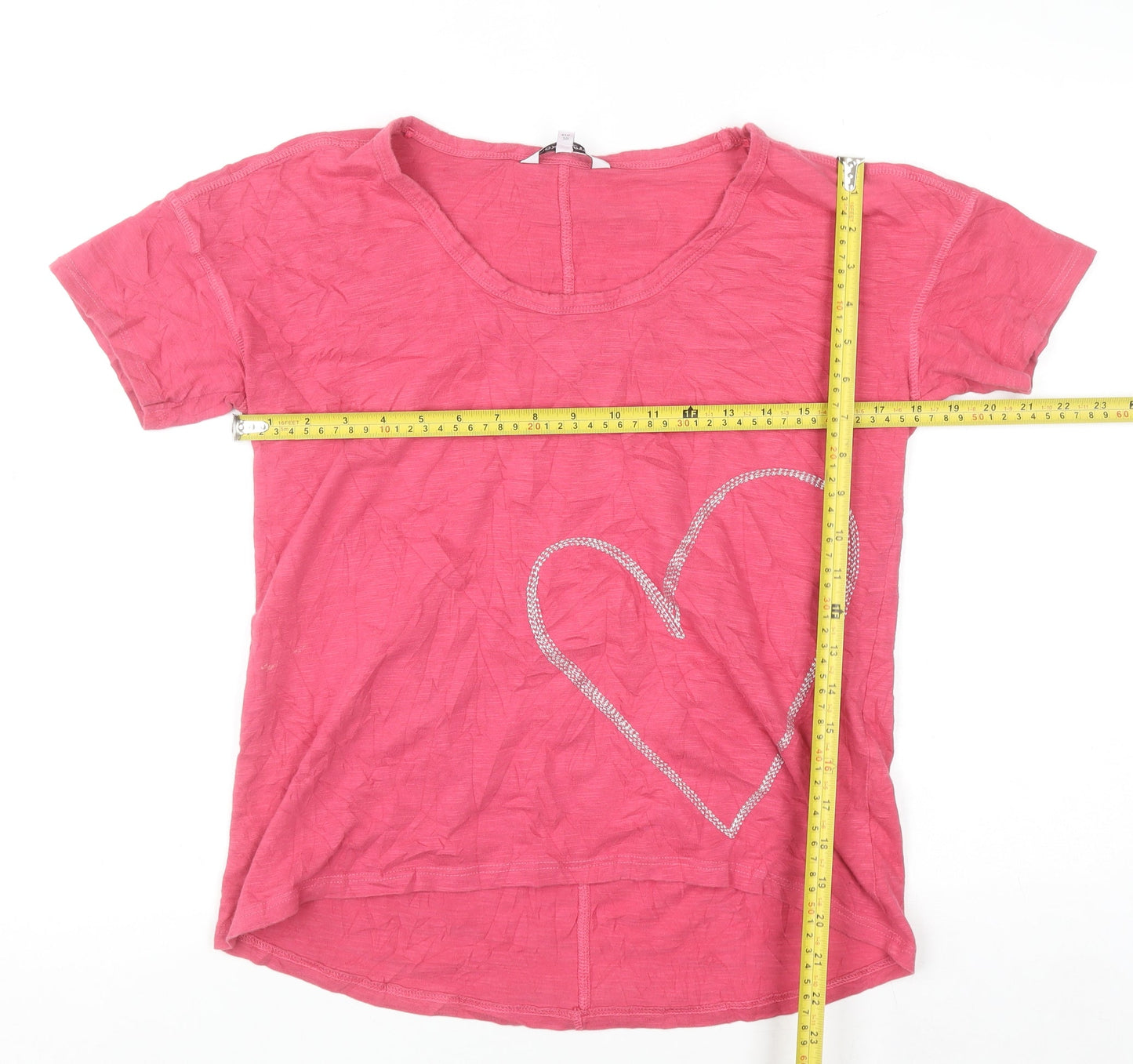 Next Petite Women Pink Rhinestone Heart Cotton T-Shirt Size 10