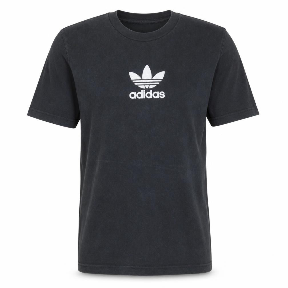 Front view of Adidas men’s black crew neck short sleeve t-shirt, size S, classic logo style