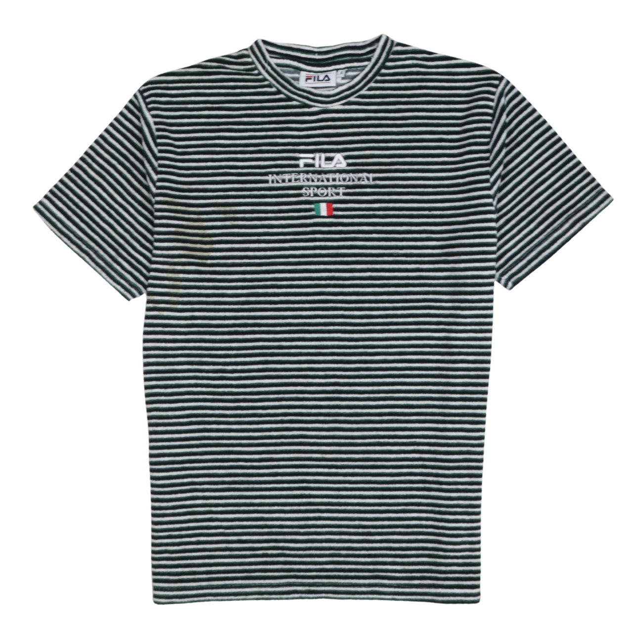 FILA Men’s Green Striped Embroidered Sports T-Shirt Size S Retro Style