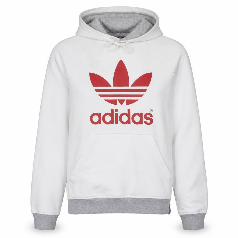 Front view of Adidas Women White Hoodie Medium Pullover with Red Trefoil Logo