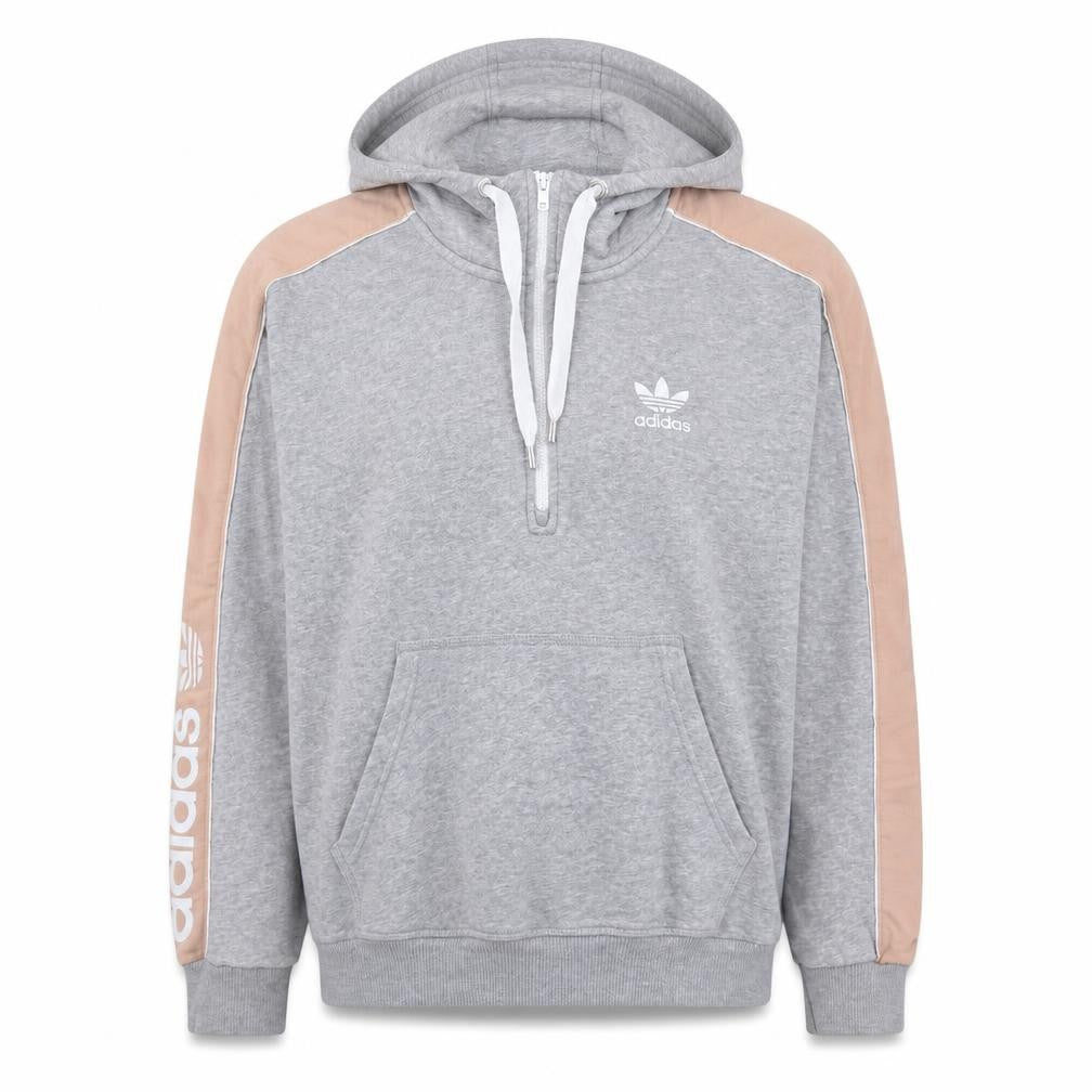 Front view of adidas women’s grey 1/2 zip hooded sweatshirt, size UK 12, regular