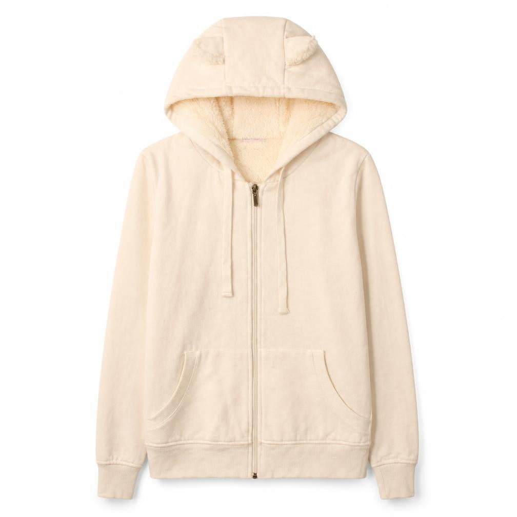 Front view of FB Sister women’s ivory full zip hooded sweatshirt xs faux fur lined