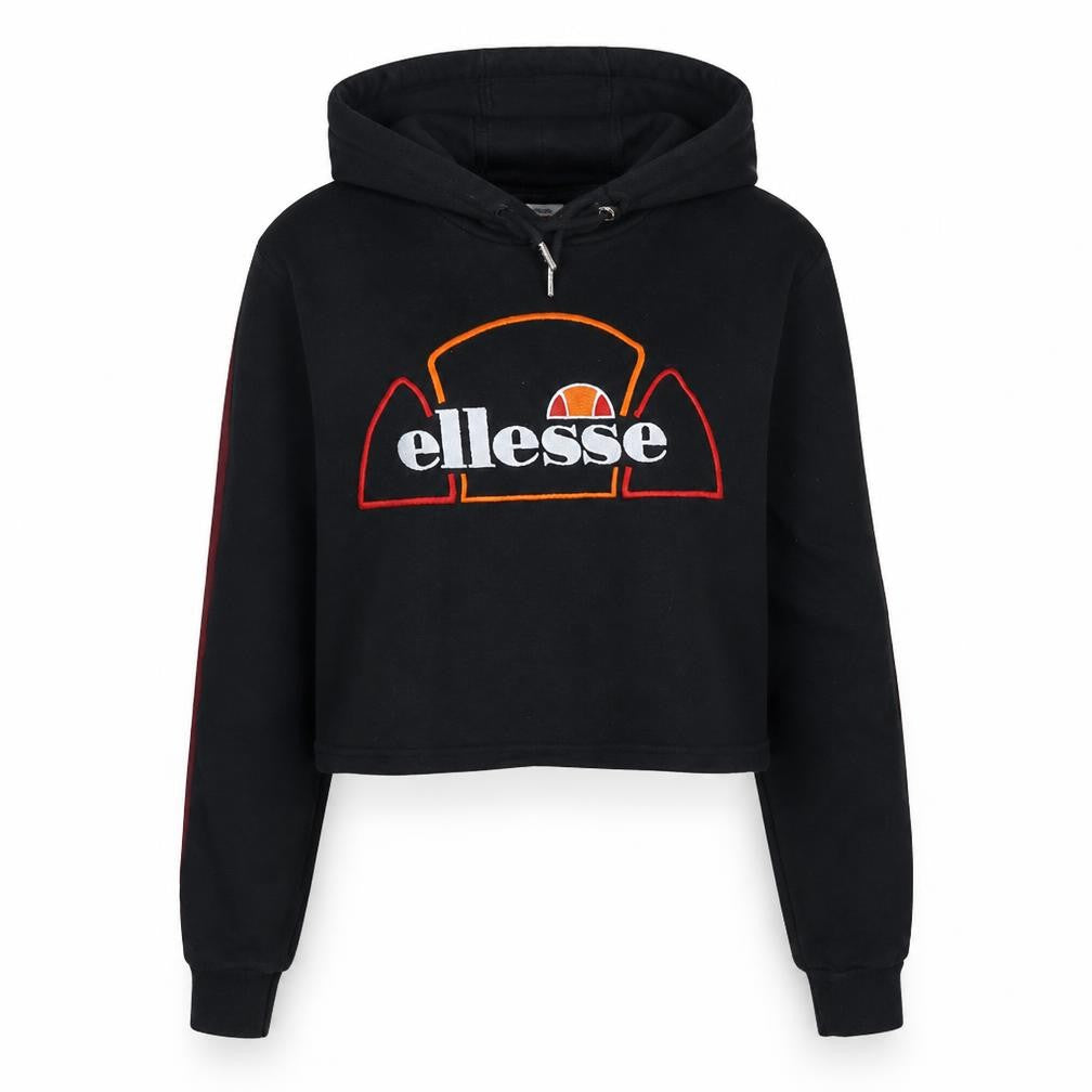 Front view of Ellesse women’s black cropped hoodie uk 8 cotton blend logo hooded sweatshirt