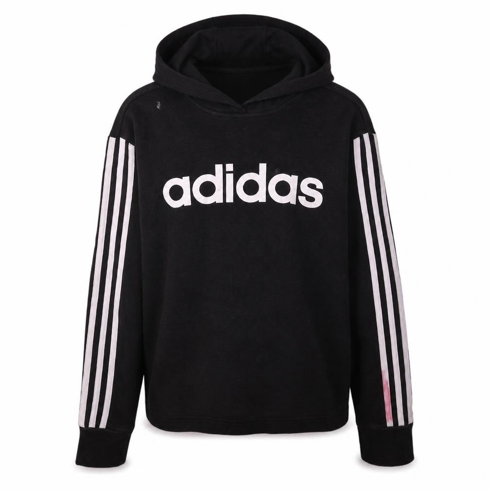 Front view of Adidas women’s black pullover hoodie, size M, 12-14 logo striped sleeve