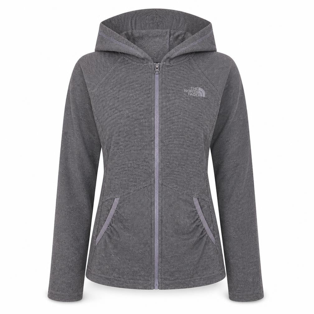 Front view of The North Face girls’ grey hooded full zip fleece jacket, size M