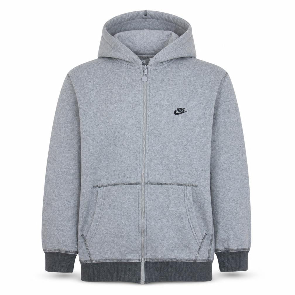 Front view of Nike boys’ grey xl full zip fleece hoodie sweatshirt