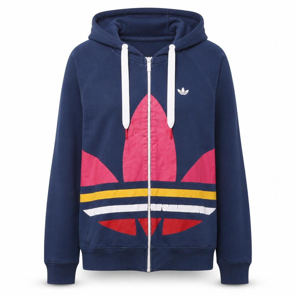 Front view of Adidas Women’s Blue Full Zip Hoodie, size UK 14, Logo Print Casual