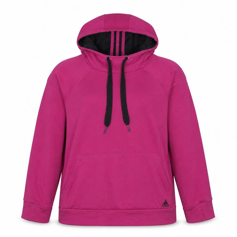 Front view of Adidas girls’ pink pullover hoodie, size L, fleece lined sportswear