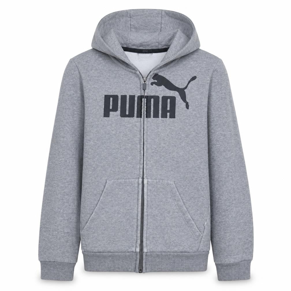 Front view of Puma boys’ grey full zip hoodie, size 13-14, years graphic print sportswear