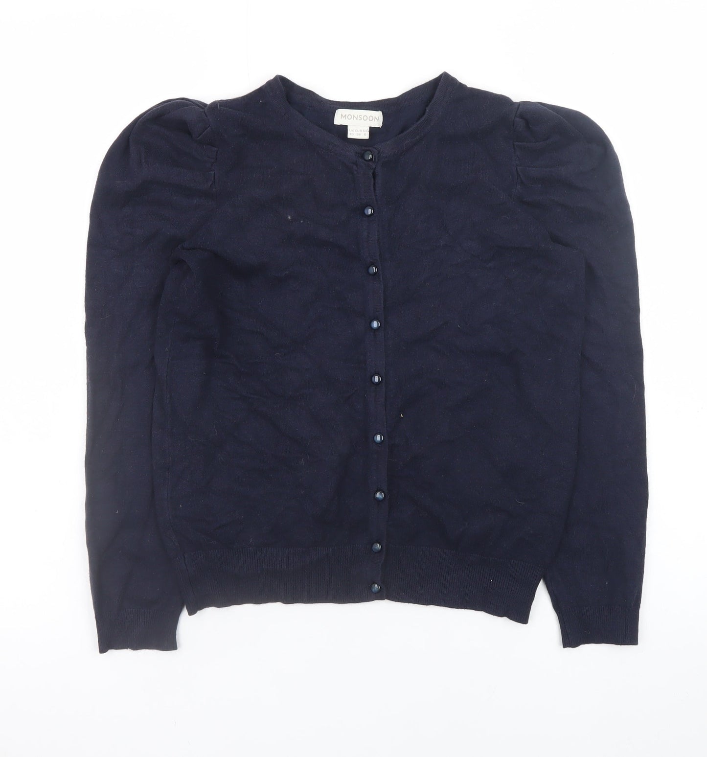 Monsoon Women's Blue Crew Neck Puff Sleeve Knit Cardigan Size 10