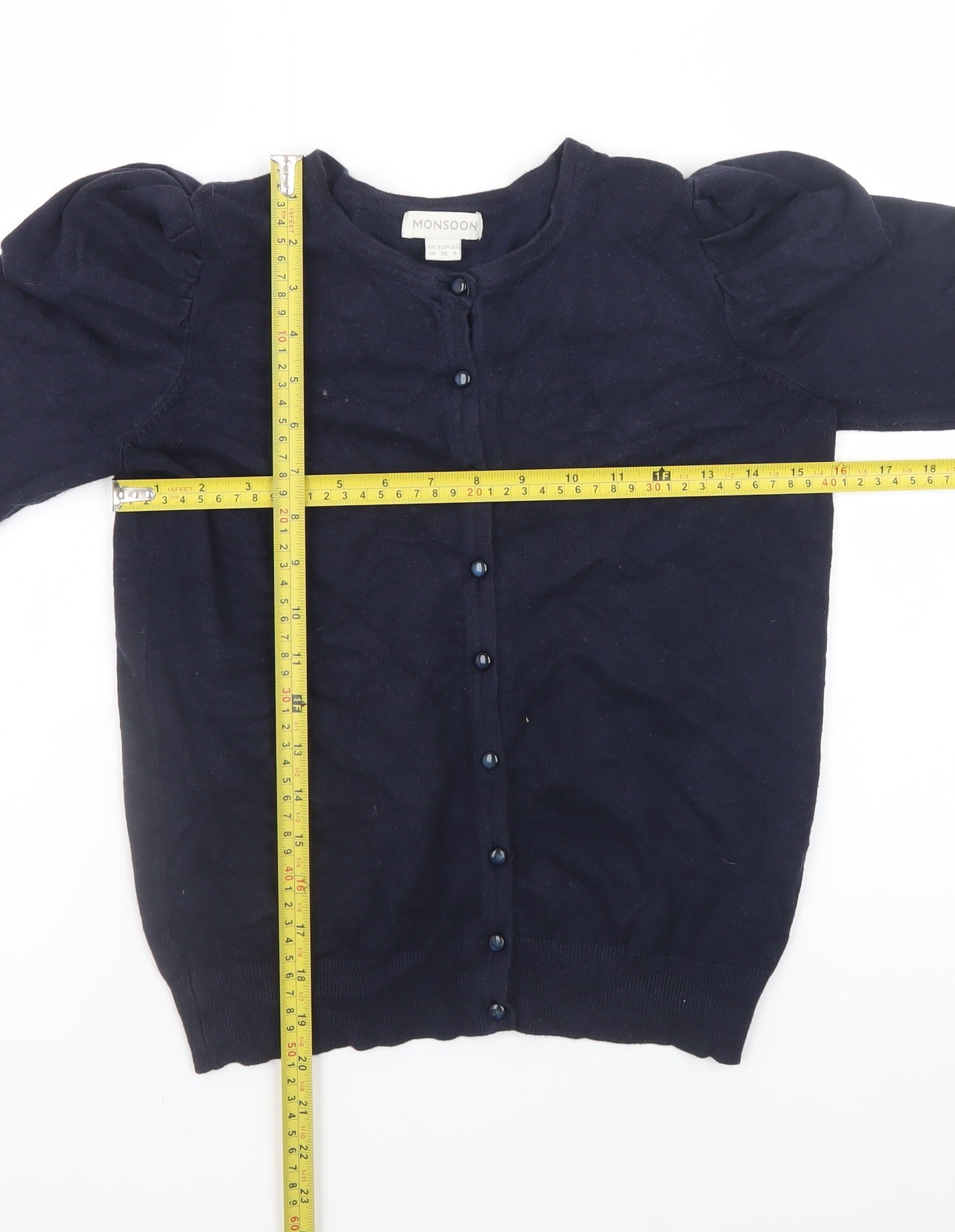 Monsoon Women's Blue Crew Neck Puff Sleeve Knit Cardigan Size 10