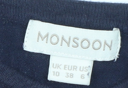 Monsoon Women's Blue Crew Neck Puff Sleeve Knit Cardigan Size 10