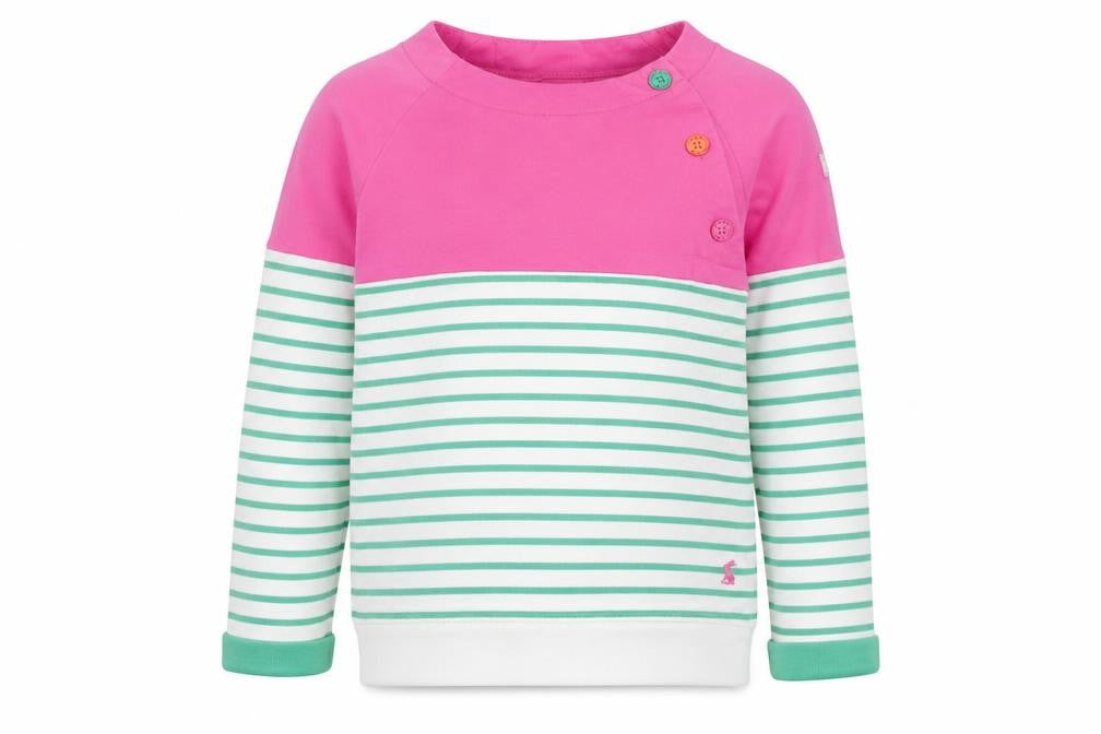 Front view of Joules girls’ pink green striped long sleeve pullover sweatshirt 11-12 years