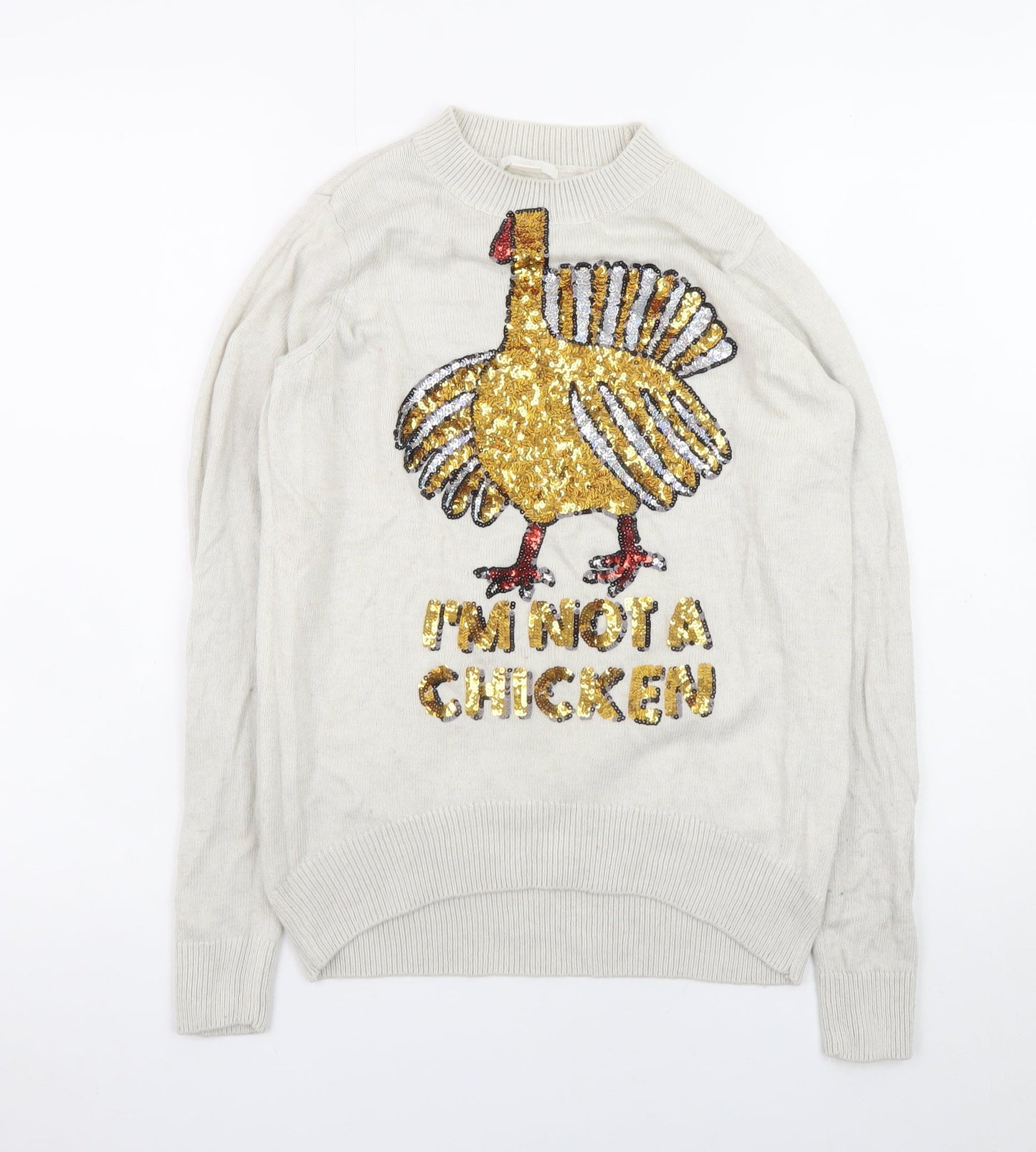 H&M Women’s Beige Sequin Turkey Jumper XS Long Sleeve Crew Neck