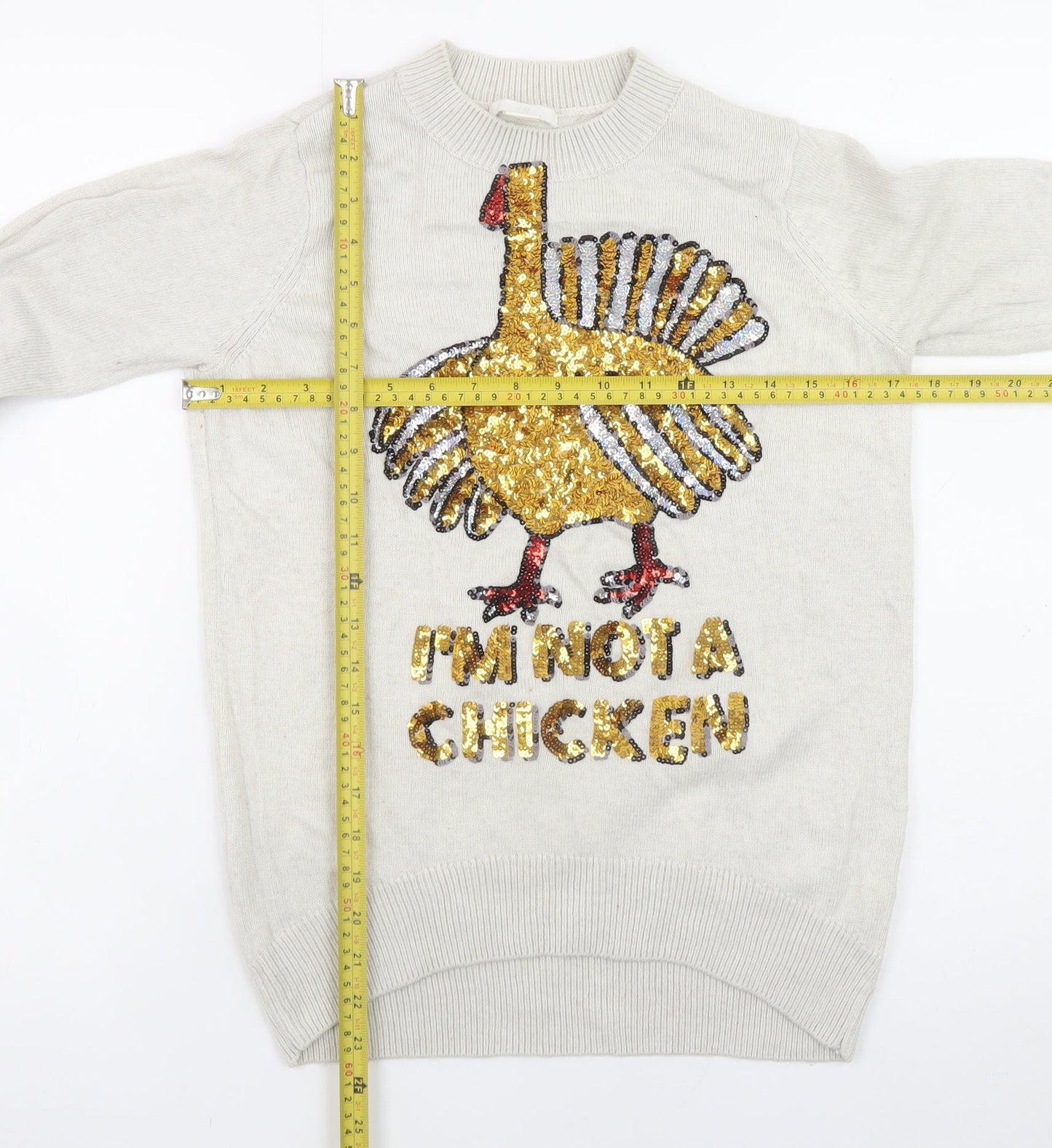 H&M Women’s Beige Sequin Turkey Jumper XS Long Sleeve Crew Neck
