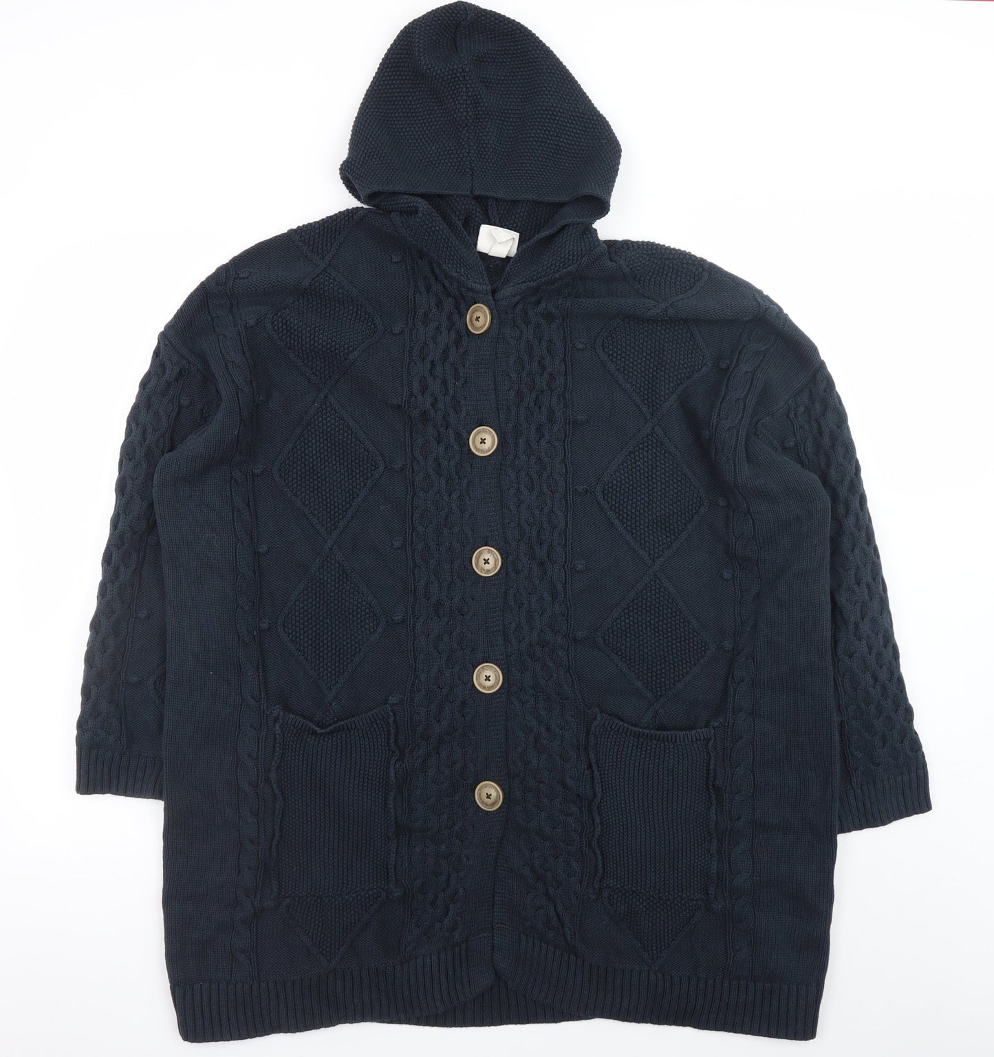 Pure by Ulla Popken Women’s Blue Hooded Cable-Knit Cotton Cardigan Size 16