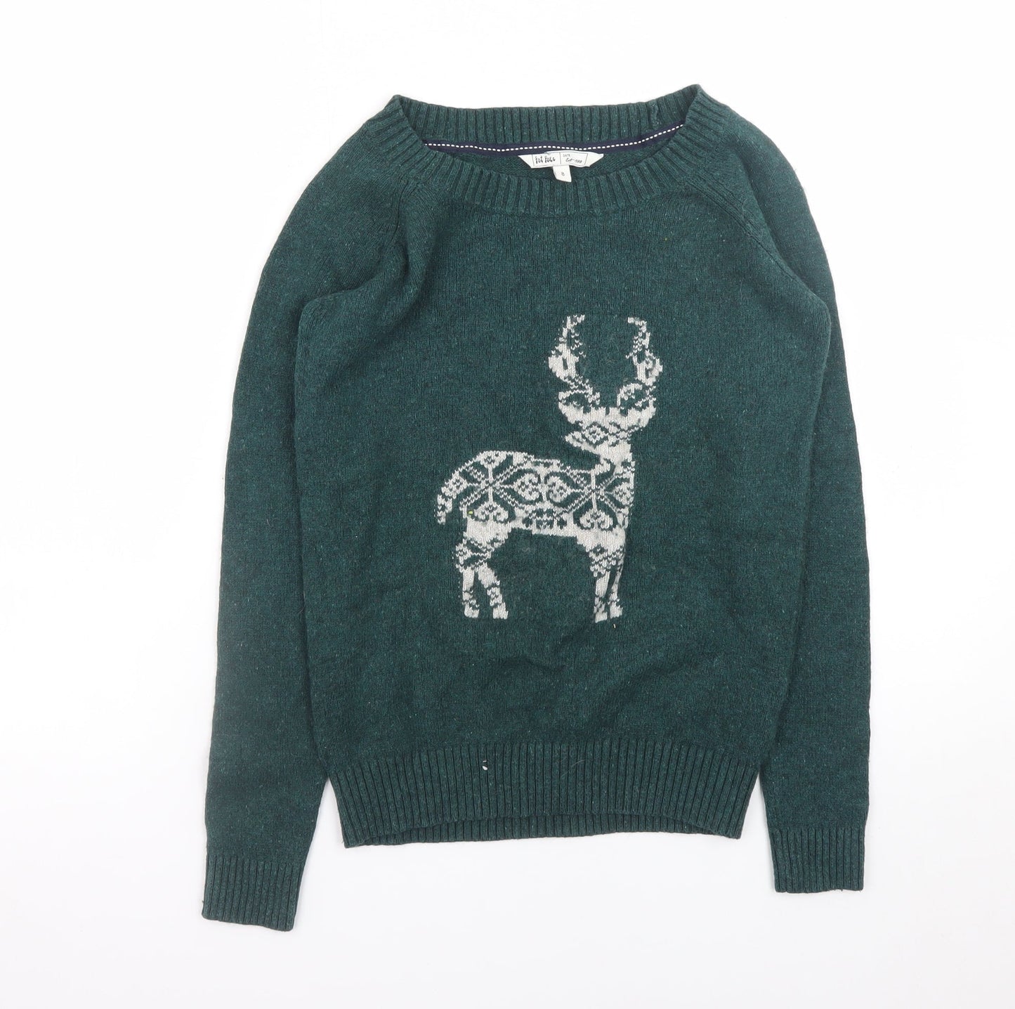 Fat Face Womens Green Size 8 Wool Blend Reindeer Christmas Jumper