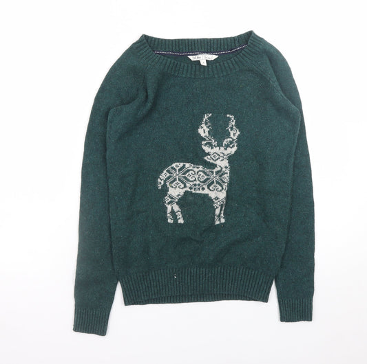 Fat Face Womens Green Size 8 Wool Blend Reindeer Christmas Jumper