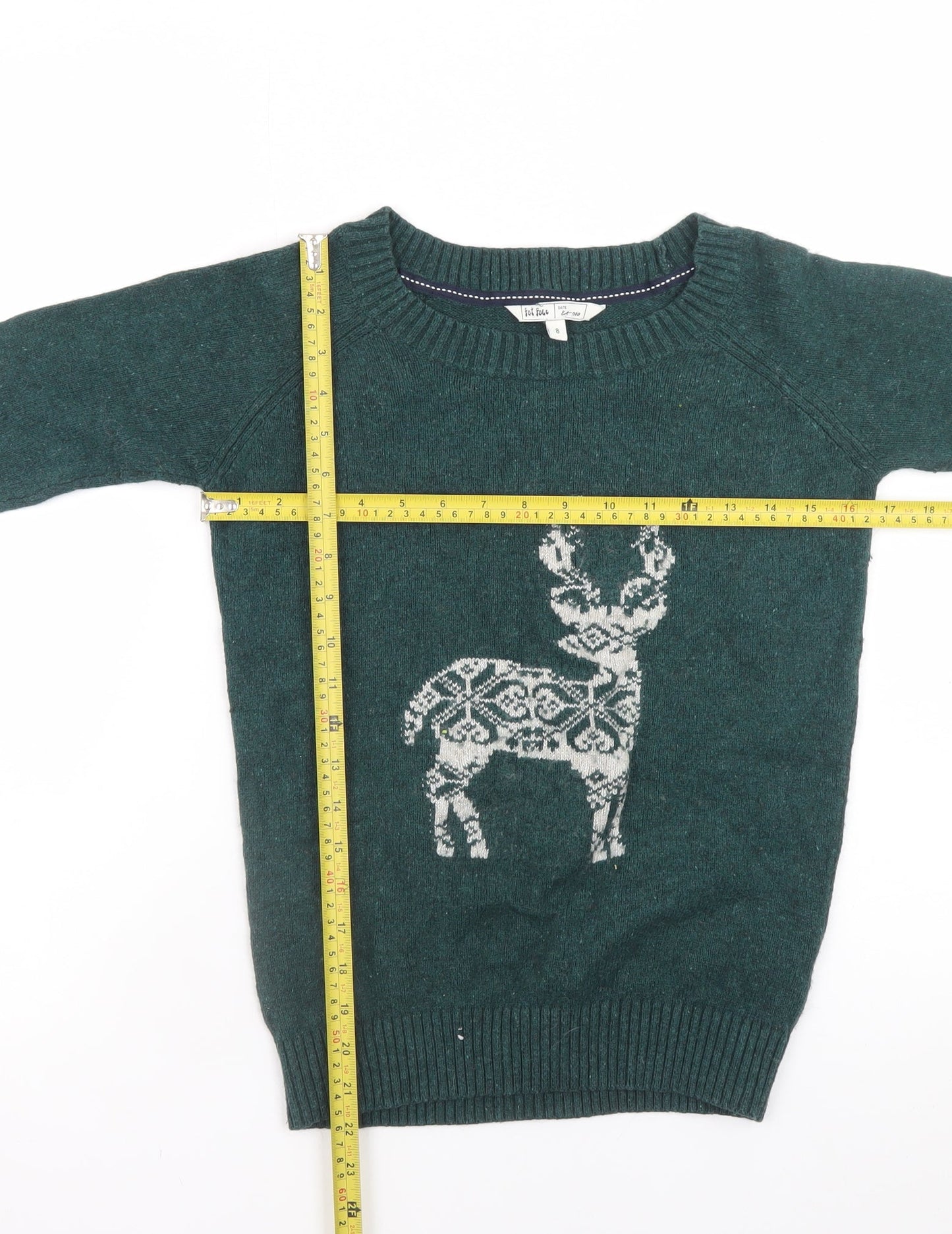 Fat Face Womens Green Size 8 Wool Blend Reindeer Christmas Jumper