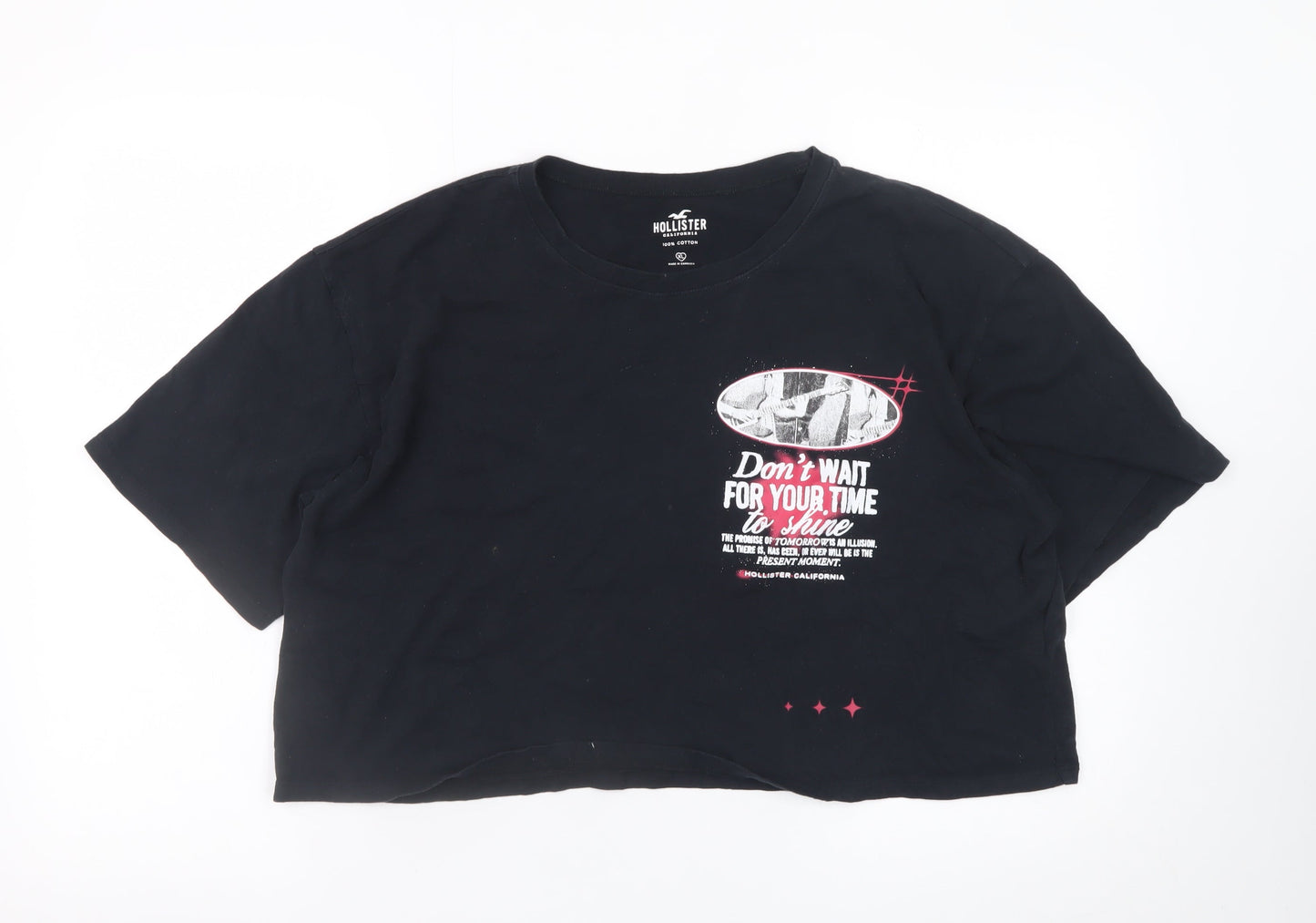 Hollister Womens Black Cropped T-Shirt XL Relaxed Cotton Quote Print