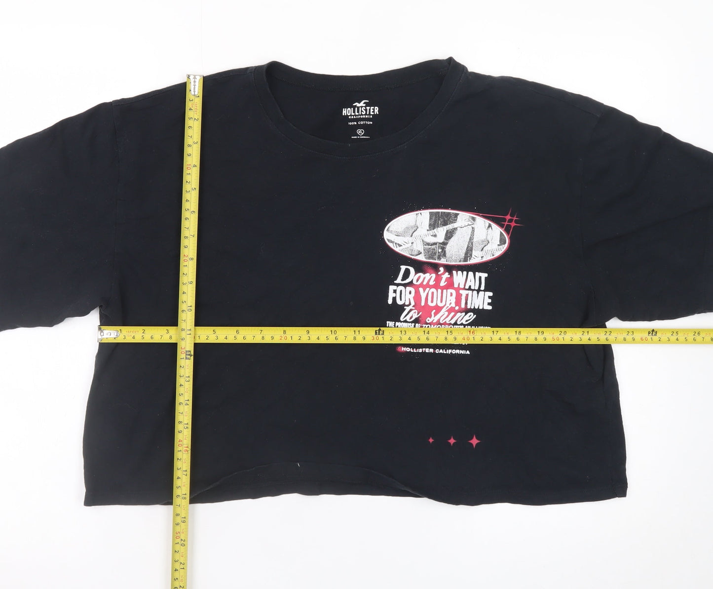 Hollister Womens Black Cropped T-Shirt XL Relaxed Cotton Quote Print