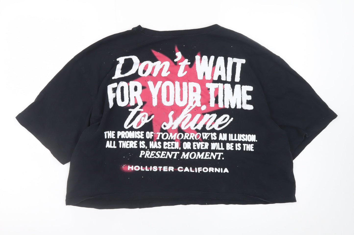Hollister Womens Black Cropped T-Shirt XL Relaxed Cotton Quote Print