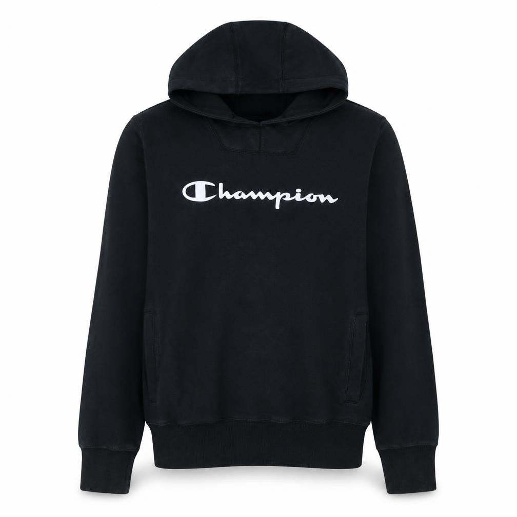 Front view of Champion Men's Black Pullover Hoodie Medium Logo Sportswear