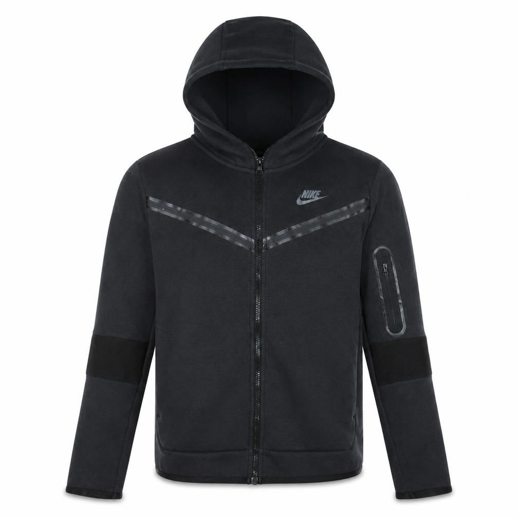 Front view of Nike boys’ black xl full zip hoodie with logo and pockets