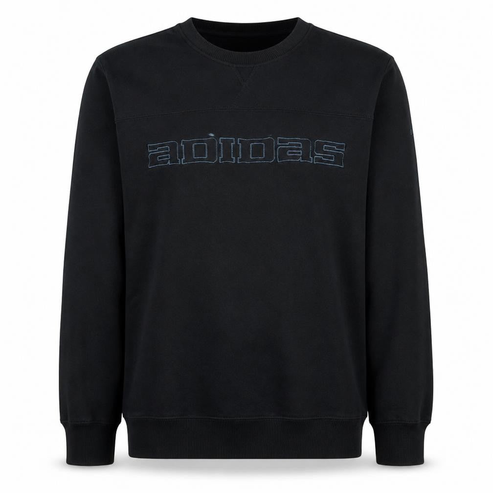 Front view of Adidas men’s black medium pullover sweatshirt retro logo fleece