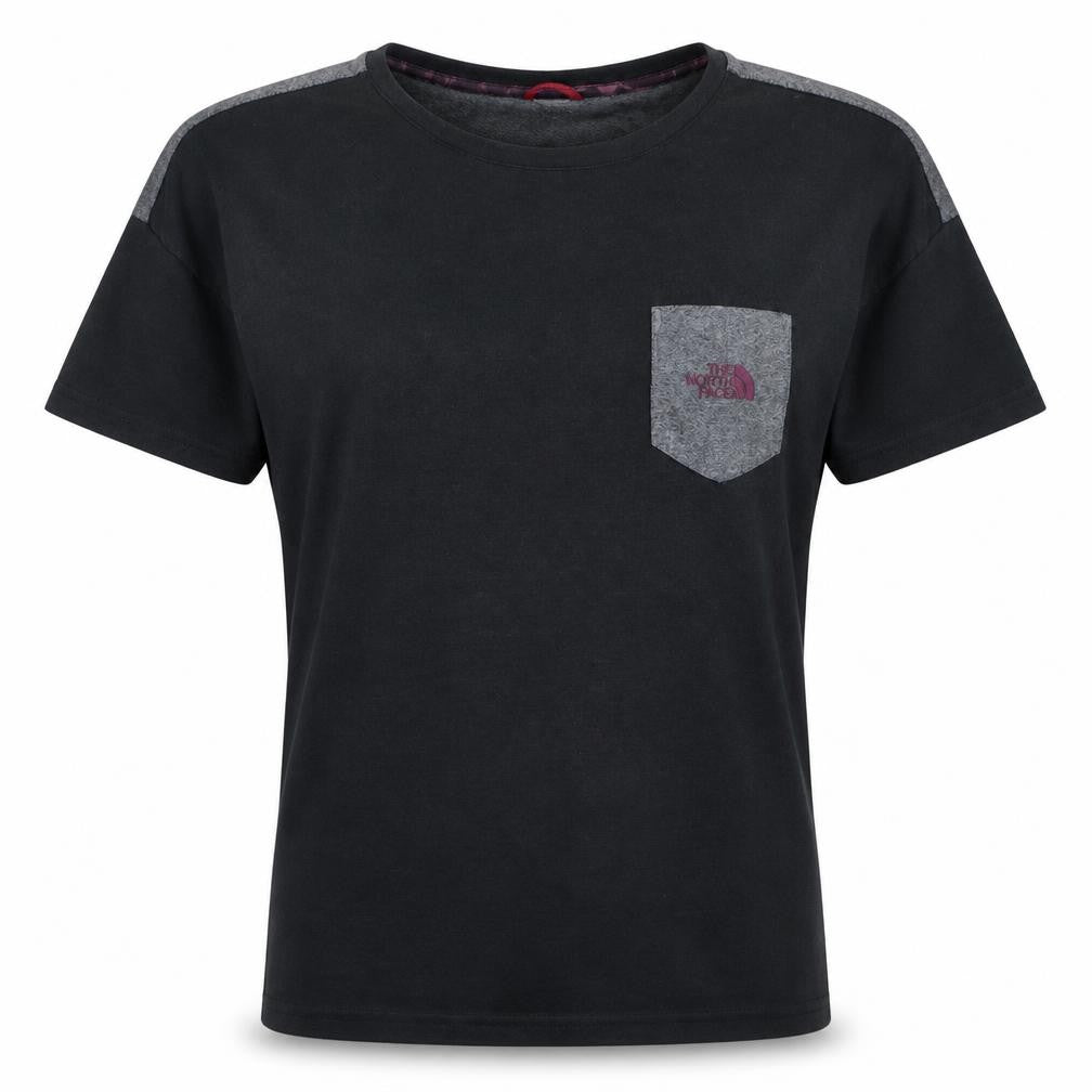 Front view of The North Face women’s black grey crew neck colourblock t-shirt s