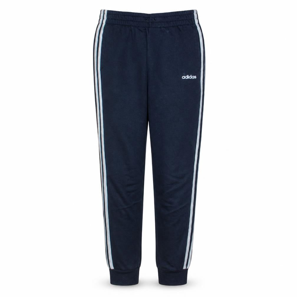 Front view of Adidas women’s blue track pants, size UK 12-14, elastic waist side stripe