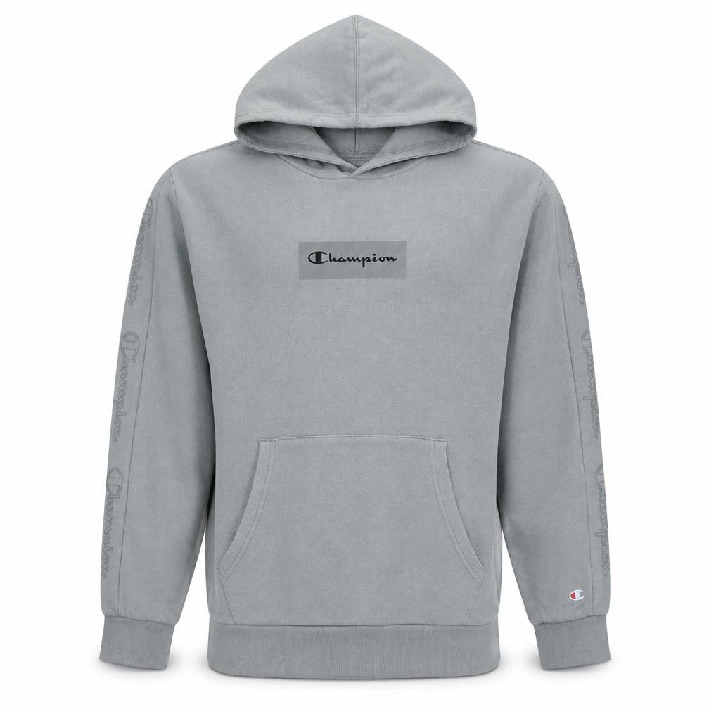 Front view of Champion boys’ grey 2xl hoodie pullover cotton blend logo sweatshirt