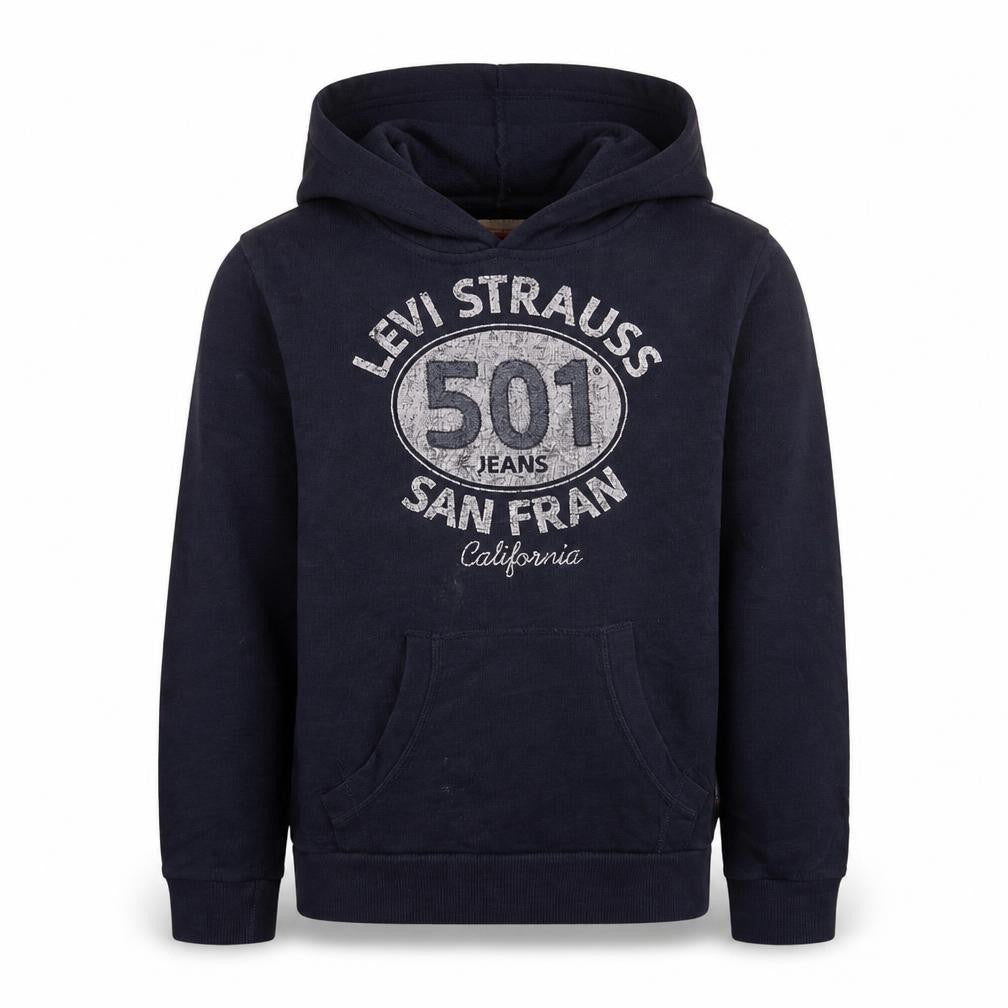 Front view of Levi's boys’ blue graphic pullover hoodie, size 12, years