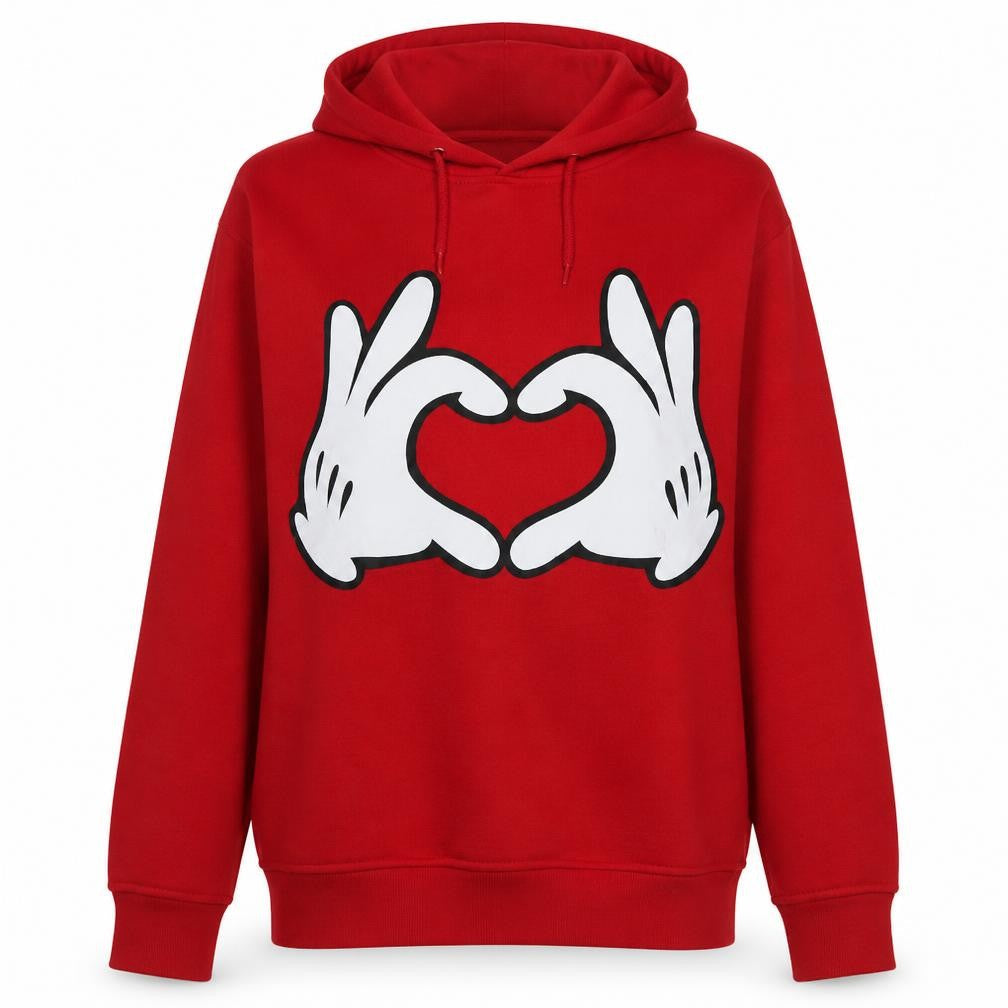 Front view of Disney Women's Red Hoodie Medium Pullover Heart Hands Love Graphic