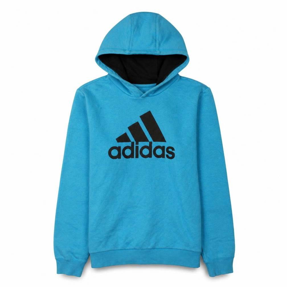 Front view of Adidas boys’ blue pullover hoodie 13-14 years sport essentials logo